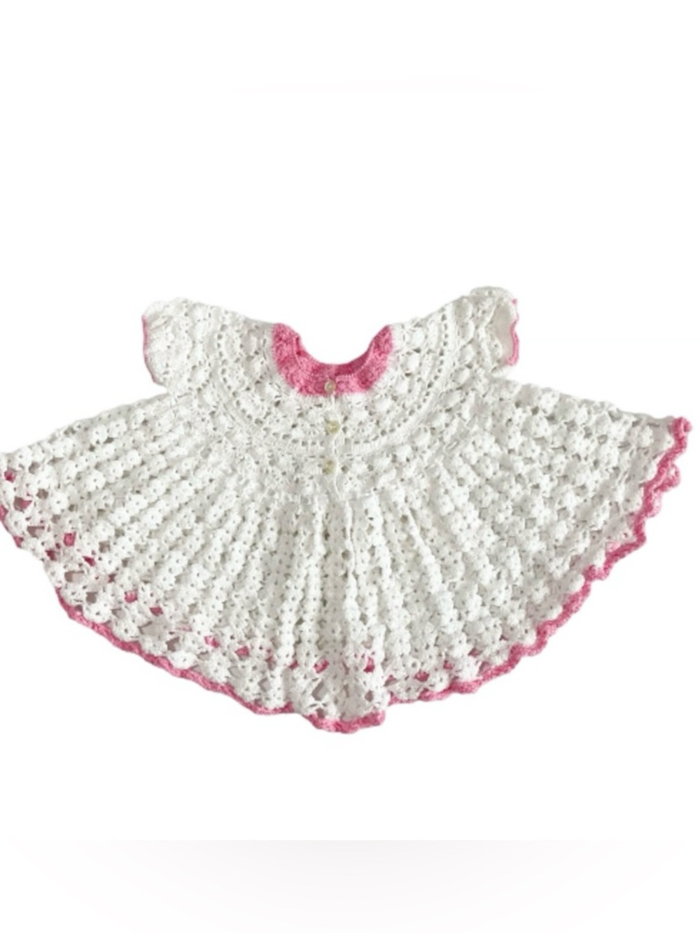 Vintage Baby Girls Crochet Knit Party Dress White Pink Scalloped Retro 60’s
